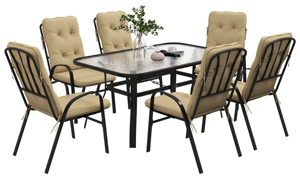 Outsunny 7 Piece Garden Dining Set, Outdoor Dining Table and 6 Cushioned Armchairs, Tempered Glass Top Table w/ Umbrella Hole, Texteline Seats, Beige