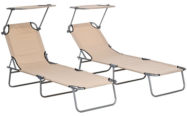 Outsunny Sun Lounger Set of 2, Foldable, 4-Level Adjustable Backrest, Reclining Chair with Sun Shade, for Beach/Garden/Patio, Brown