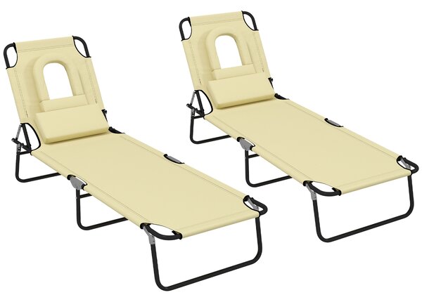 Outsunny Outdoor Foldable Sun Lounger Set of 2, 4 Level Adjustable Backrest Reclining Sun Lounger Chair with Pillow and Reading Hole, Beige Aosom UK