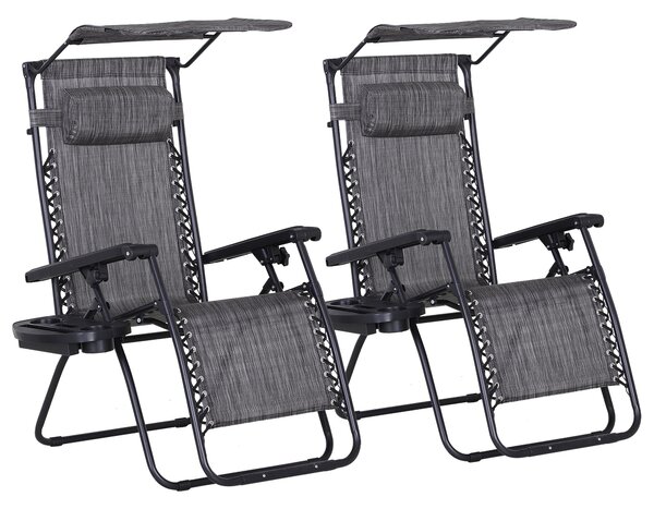 Outsunny 2 Piece Foldable Reclining Garden Chair with Headrest, Zero Gravity Deck Sun Lounger Seat Chair w/ Footrest, Armrest, Cup Holder Aosom UK