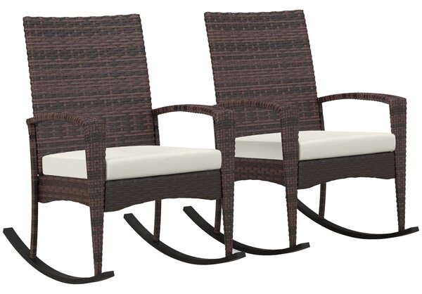 Outsunny Outdoor PE Rattan Rocking Chair Set of 2, Garden Rocking Chair Set with Armrest and Cushion, Brown Aosom UK