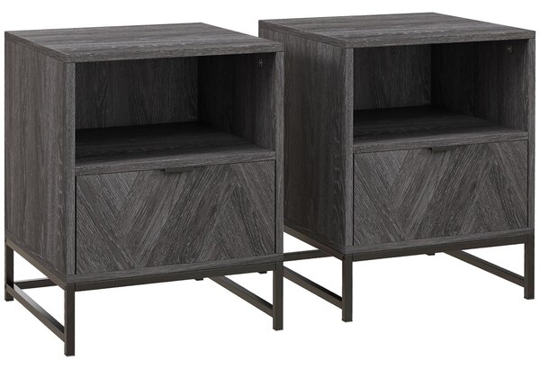 HOMCOM Bedside Cabinets: Dual Nightstands with Drawer & Shelf, Steel Legs for Living & Bedroom, Charcoal Grey Aosom UK