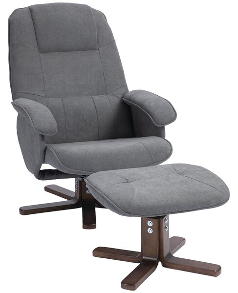 HOMCOM Linen Swivel Recliner Chair with Footstool, Upholstered Reclining Armchair with Wooden Base for Living Room, Cat Scratch Anti, Grey Aosom UK