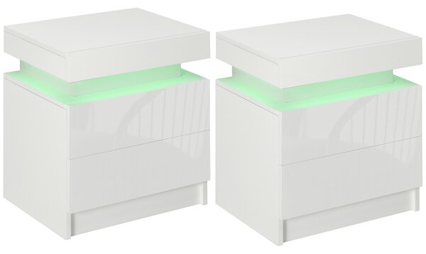 HOMCOM White Bedside Table with LED Light, High Gloss Front Nightstand with 2 Drawers, for Living Room, Bedroom