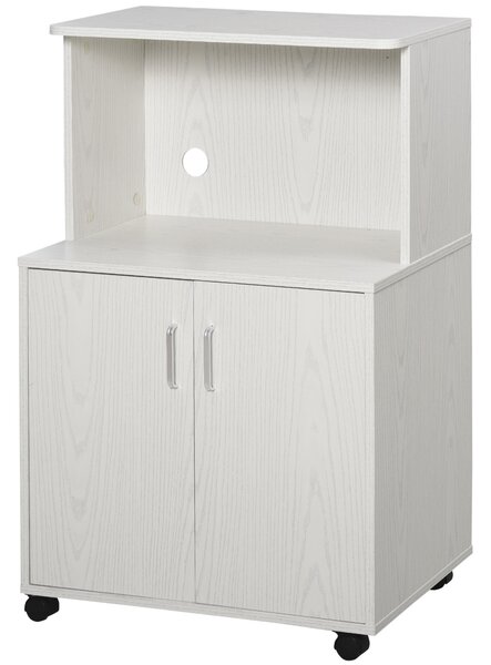 HOMCOM Kitchen Trolley: Mobile Microwave Stand with Storage Cabinets, White Bookcase on Wheels Aosom UK