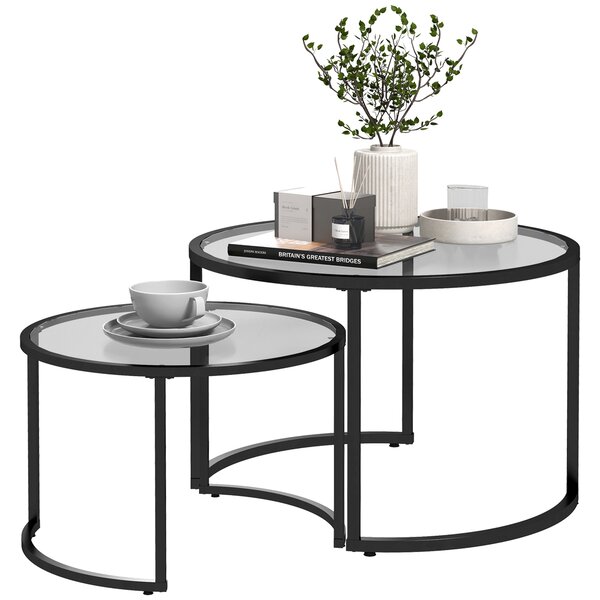 HOMCOM Round Coffee Table Nesting side Table Set of 2 Round Side Tables with Painted Steel Frame & Tempered Glass Surfaces, Black Aosom UK
