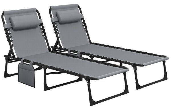 Outsunny Portable Sun Lounger Set of 2, Folding Camping Bed Cot, Reclining Lounge Chair 5-position Adjustable Backrest for Patio Beach, Grey
