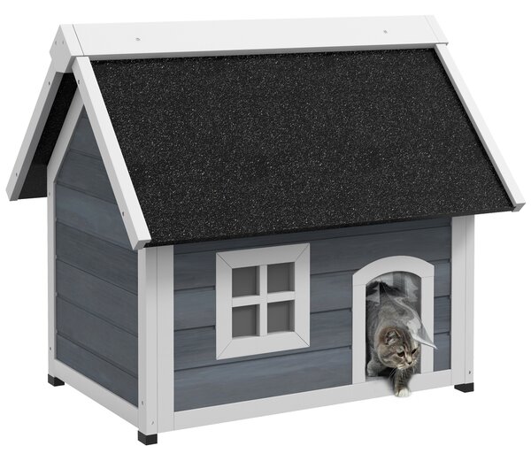 PawHut Outdoor Cat House, Wooden Feral Cat Shelter Waterproof Hide House with Openable Asphalt Roof and Three Doors, 77 x 57.5 x 68cm, Grey Aosom UK