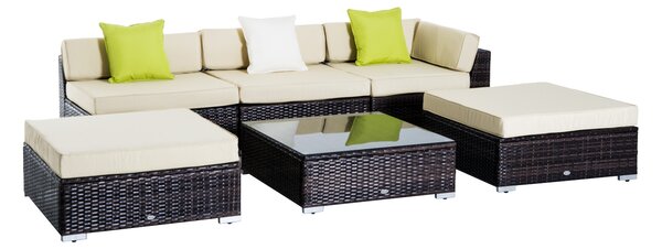 Outsunny 5-Seater Rattan Sofa Coffee Table Set Sectional Wicker Weave Furniture for Garden Outdoor Conservatory w/ Pillow Cushion Brown Aosom UK