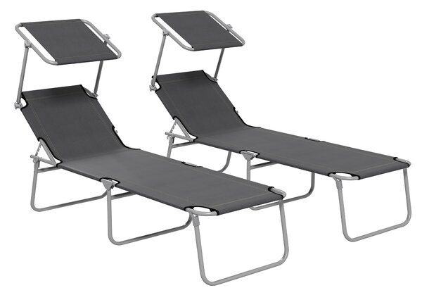 Outsunny Sun Lounger Set of 2, Foldable, 4-Level Adjustable Backrest, Reclining Chair with Sun Shade, for Beach/Garden/Patio, Grey