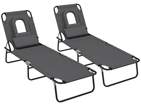 Outsunny Foldable Sun Lounger Set, 2-Pack, 4-Level Backrest, Pillow & Reading Hole, Lightweight for Garden Relaxation, Dark Grey Aosom UK