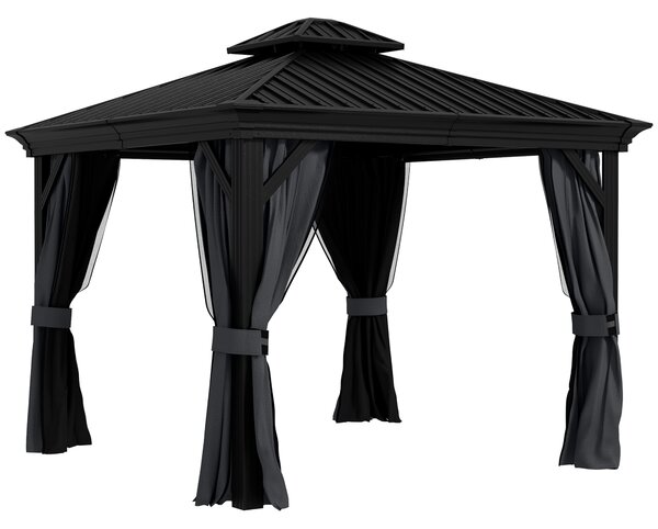 Outsunny 3 x 3.7m Outdoor Hardtop Gazebo Canopy Aluminum Frame with 2-Tier Roof & Mesh Netting Sidewalls for Patio, Dark Grey