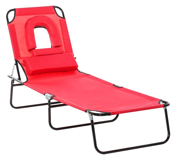 Outsunny Foldable Outdoor Sun Lounger Adjustable Backrest Reclining Chair with Pillow and Reading Hole Garden Beach, Red