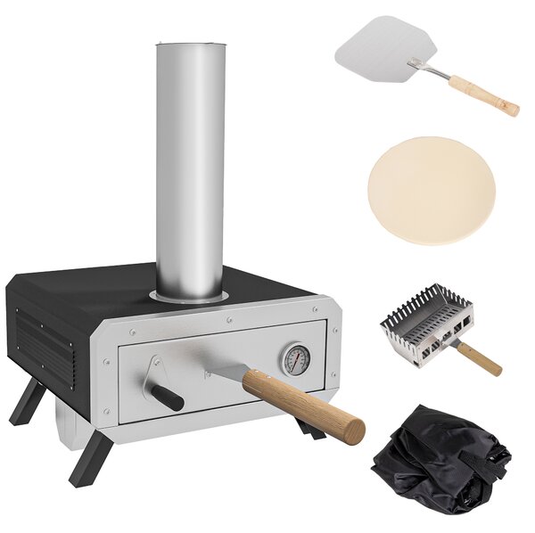 Outsunny Portable Wood Pellet Pizza Oven with 12" / 30cm Rotating Pizza Stone, Peel and Cover, Wood Fired Pizza Maker with Thermometer