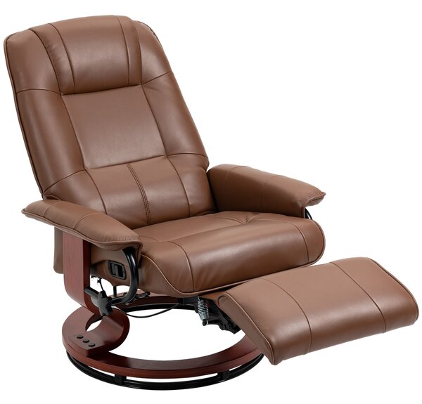 HOMCOM Swivel Recliner, Faux Leather Chair, Upholstered Armchair with Wooden Base for Living Room, Bedroom, Brown Aosom UK