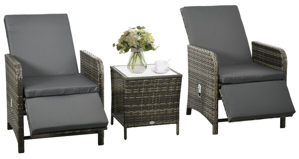 Outsunny 3 Pieces Rattan Bistro Set Balcony Furniture with Cushions, Storage Function - Mix-Grey