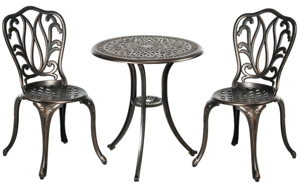 Outsunny 3 Piece Garden Bistro Set Aluminium Outdoor Furniture Set for 2 Patio Chairs and Table with Umbrella Hole Bronze Tone