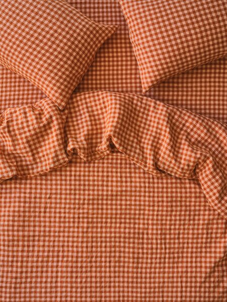 Cinnamon & Peach Colour Drenched Gingham Linen Blend Duvet Cover | Single | Piglet in Bed
