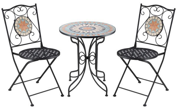 Outsunny 3 Piece Garden Bistro Set, Folding Outdoor Chairs and Mosaic Tabletop for Outdoor, Balcony, Poolside, Light Blue