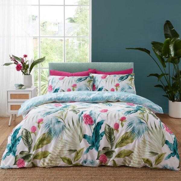Aruba Tropical Floral Green Duvet Cover and Pillowcase Set Green