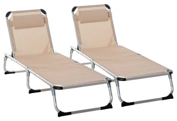 Outsunny Foldable Sun Lounger Set with Pillow, Adjustable Recliner, Aluminium Frame, Camping Cot, Khaki