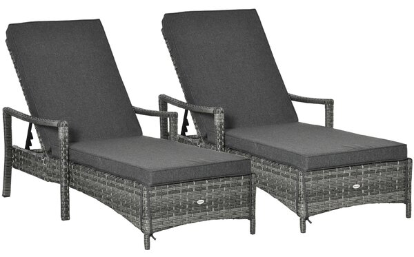 Outsunny PE Rattan Sun Loungers set of 2 with Cushion, Outdoor 2 Pieces Garden Sunbed Furniture with 4-Level Recliner Backrest, and Armrest, Grey