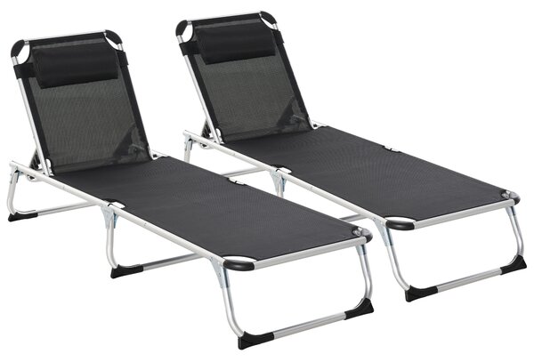 Outsunny Sun Lounger Set, 2 Pieces Foldable Reclining Lounge Chair with Pillow, 5-Level Adjustable, Aluminium Frame, Black