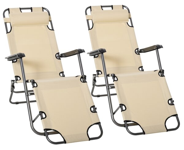 Outsunny Set of 2 Folding Sun Loungers, Adjustable Backrest, Outdoor Recliner Chairs with Pillow and Armrests, Beige