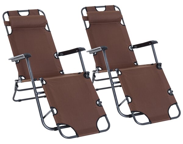 Outsunny Garden Recliners with Pillow, Adjustable Backrest, Foldable Outdoor Chairs, Armrests, Brown, 2 Pieces