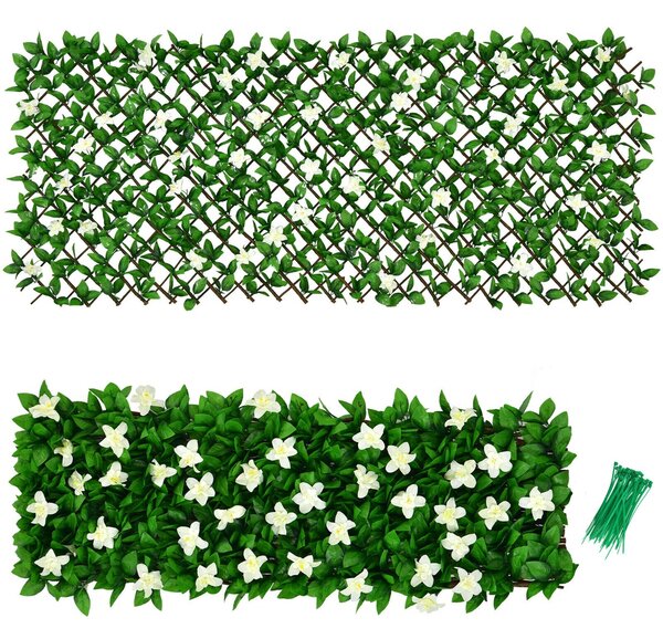 Costway Expandable Artificial Hedge Fence with White and Purple Flowers-White