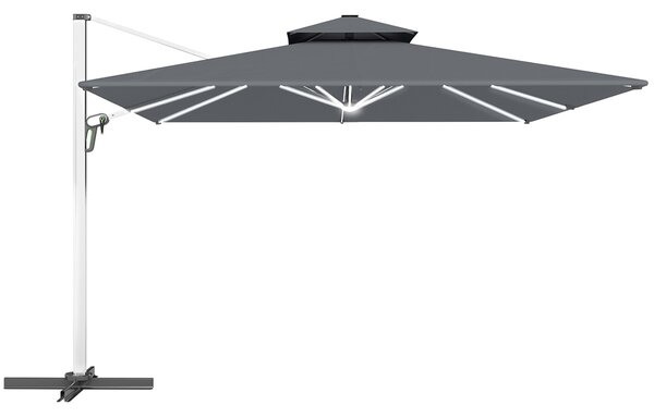 Outsunny 3(m) Garden Cantilever Parasol with Solar LED Lights, Cross Base, 360° Rotation, Crank Handle and Tilt, Grey
