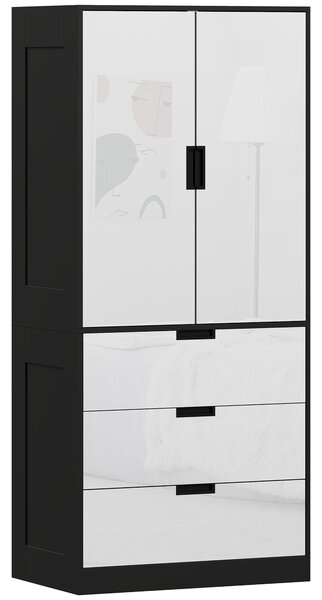 HOMCOM 2 Door Wardrobe, Modern Wardrobe with 3 Drawers and Hanging Rod for Bedroom, High Gloss White