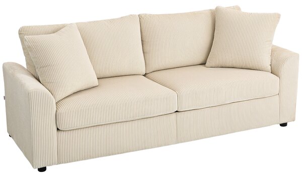 HOMCOM Modern 3 Seater Sofa with Spring Cushion, 212 cm Fabric Jumbo Cord Sofa Couch with 2 Scatter Cushions, Upholstered Corduroy Settee for Living Room, Bedroom, Home Office, Cream White