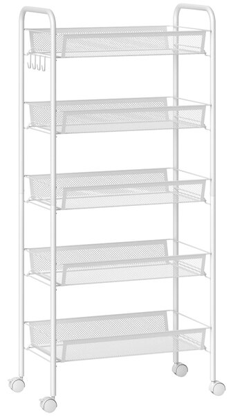 HOMCOM Five-Steel Mesh Basket Storage Trolley, with Wheels - White