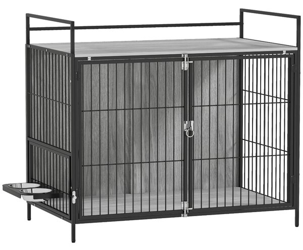 PawHut Large Dog Crate Furniture with Rotating Bowl Holder, 2 Bowls, 2 Doors, for Large Dogs, 100 x 60 x 88 cm, Grey