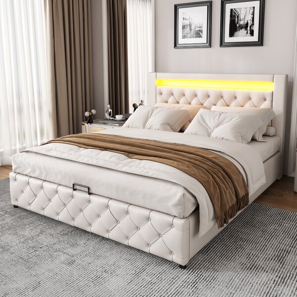 Upholstered Bed with Color-Changing LED Lighting and Storage Space, Slatted Frame, PU Cover, Modern Bedroom Furniture, 139x197x99 cm, White Aosom.UK