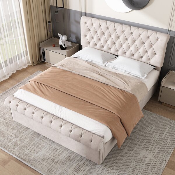 Double Luxurious Velvet Upholstered Bed with Button-Tufted Sleigh Design and Hidden Storage, Modern Bedroom Furniture, 145x218x107cm, Beige Aosom.UK