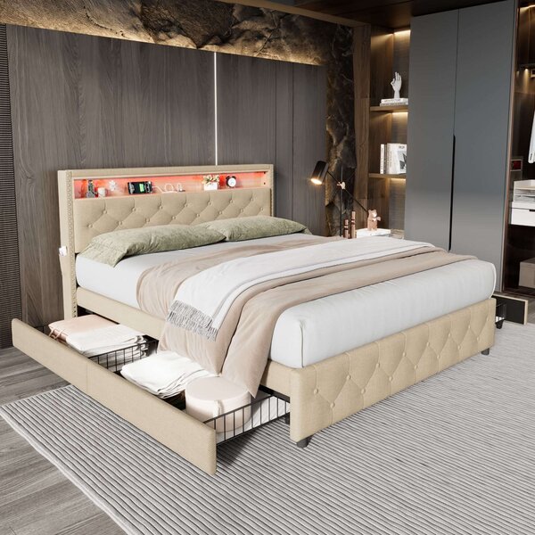 Double Linen Upholstered Bed with LED Lights and Four Storage Drawers, Bedside Pocket Design, Wood Slatted Frame, 139.4x197.5x107 cm, Beige Aosom.UK