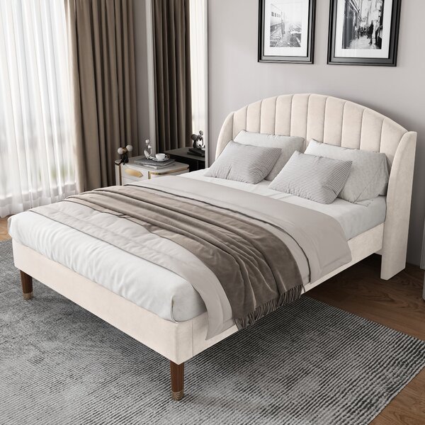 King Size Velvet Fabric Upholstered Bed with Slatted Frame and Headboard, Modern Bedroom Furniture, Easy Assembly, 158x206x108 cm, Beige Aosom.UK