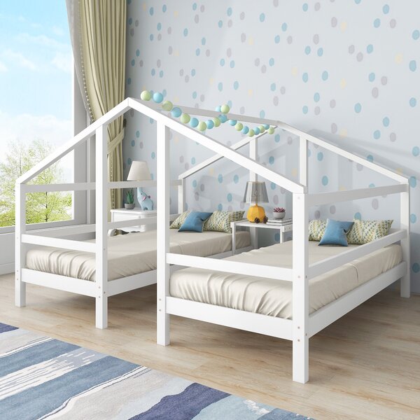 Twin Double Sleeper Bed with Headboard and Slatted Frame, Solid Pine Wood, Kids Bedroom Furniture, Children House Bed, 244x197x153cm, White Aosom.UK