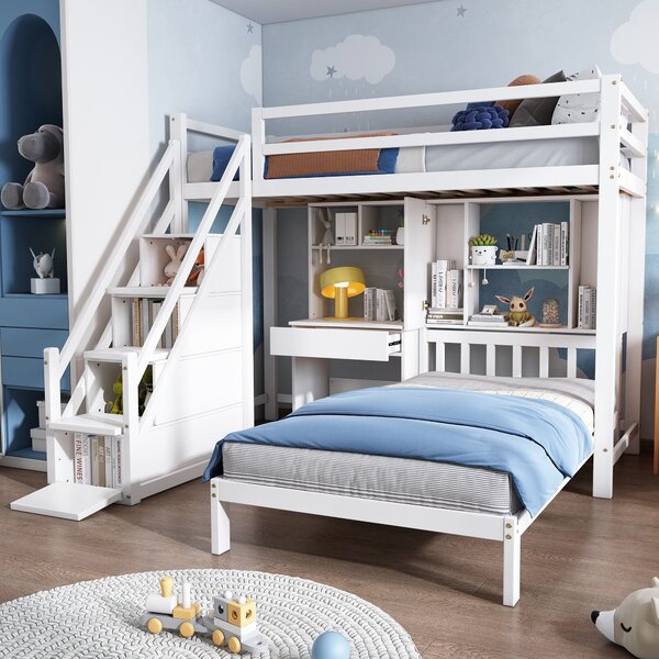 Double Wood House Children's Bunk Bed with Desk and Storage Shelves, Pine Wood Frame, Kids Bedroom Furniture, 204x204x175.5 cm, White Aosom.UK