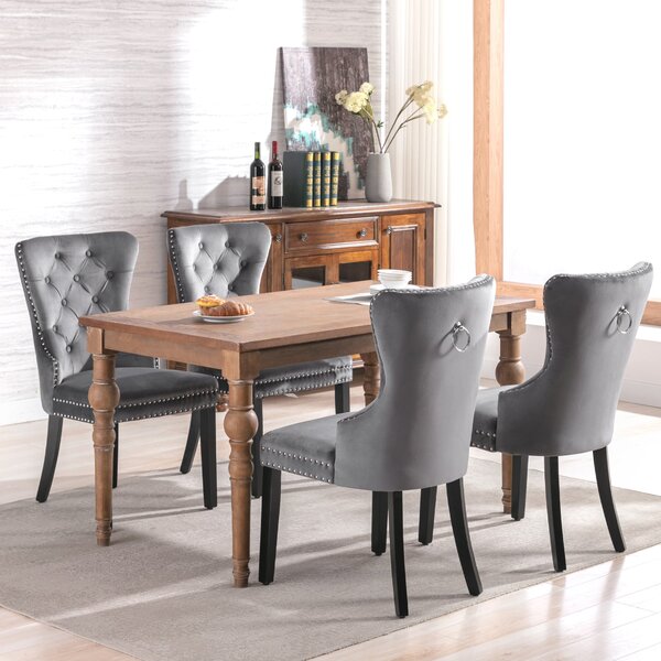 Set of 4 Velvet Fabric Dining Chairs with Oak Legs, Button Tufting and Chrome Knocker, Modern Upholstered Kitchen Chairs, 53x54x97 cm, Gray Aosom.UK