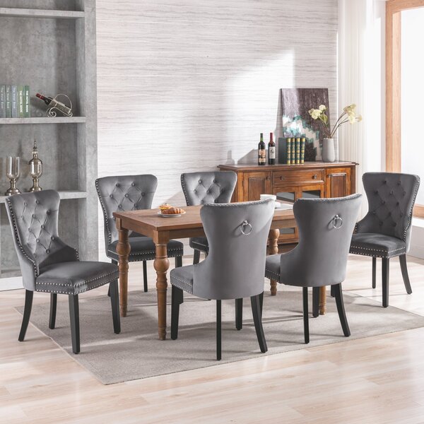 Set of 6 Velvet Fabric Dining Chairs with Oak Legs, Button Tufting and Chrome Knocker, Modern Upholstered Kitchen Chairs, 53x54x97 cm, Gray Aosom.UK