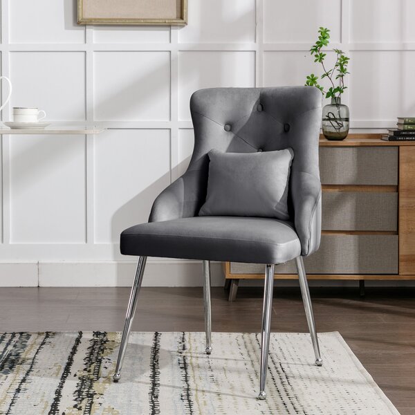 Button Pattern Modern Accent Dining Chair with Metal Legs and Lumbar Cushion, Velvet Upholstered Kitchen Chair, 54.5x58.5x87.5 cm, Grey Aosom.UK