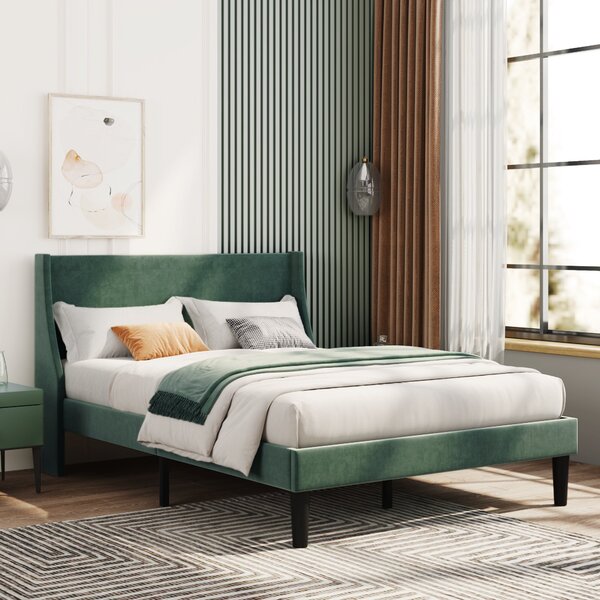 Double Velvet Upholstered Bed with Winged Headboard and Wood Slat Support, Modern Bedroom Furniture for Adults, Kids, 142x197x96 cm, Green Aosom.UK