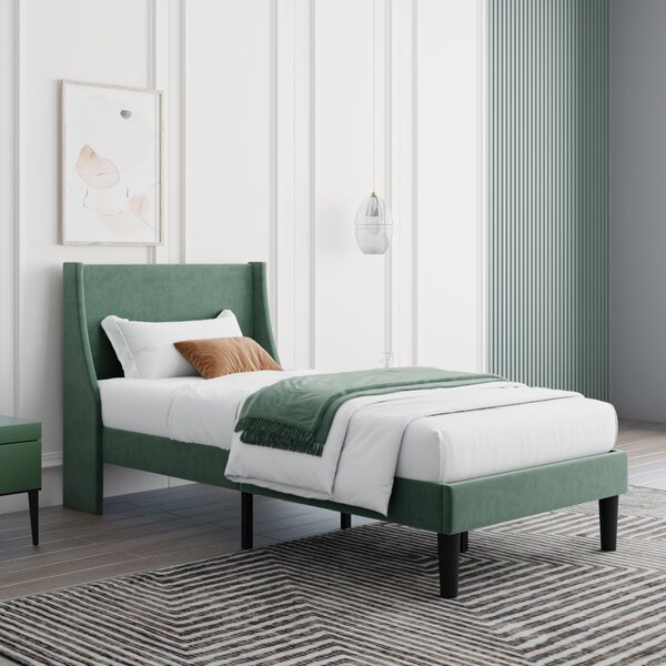 Single Velvet Upholstered Bed with Winged Headboard and Wood Slat Support, Modern Bedroom Furniture for Adults, Kids, 97x197x96cm, Green Aosom.UK