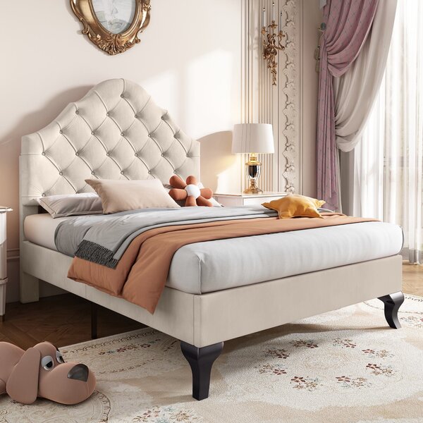 Single Velvet Fabric Upholstered Bed with Adjustable Headboard and Wooden Slat Support, Modern Bedroom Furniture, 90x193x124 cm, Beige Aosom.UK