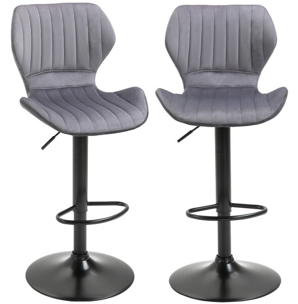 HOMCOM Bar Stool Set of 2 Velvet-Touch Fabric Adjustable Height Swivel Counter Chairs with Footrest, Grey