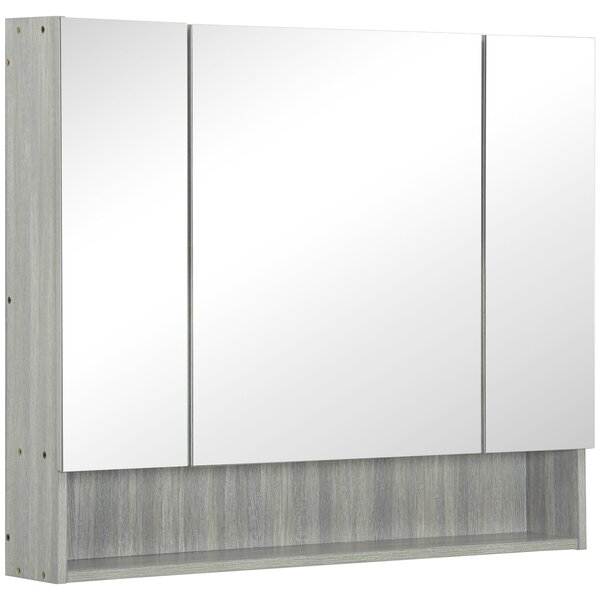 Kleankin Bathroom Mirror Cabinet, Wall Mounted Storage Cabinet, 3 Upper Spaces, 3 Doors and 1 Bottom Shelf, 75H x 90W x 15Dcm, Grey Aosom UK