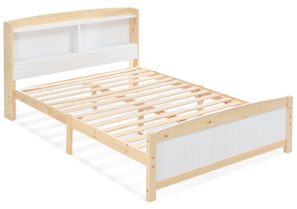 Solid Wooden Double Bed Frame with Storage Headboard, Durable Construction, 4FT6 Size, 135x190 cm, White